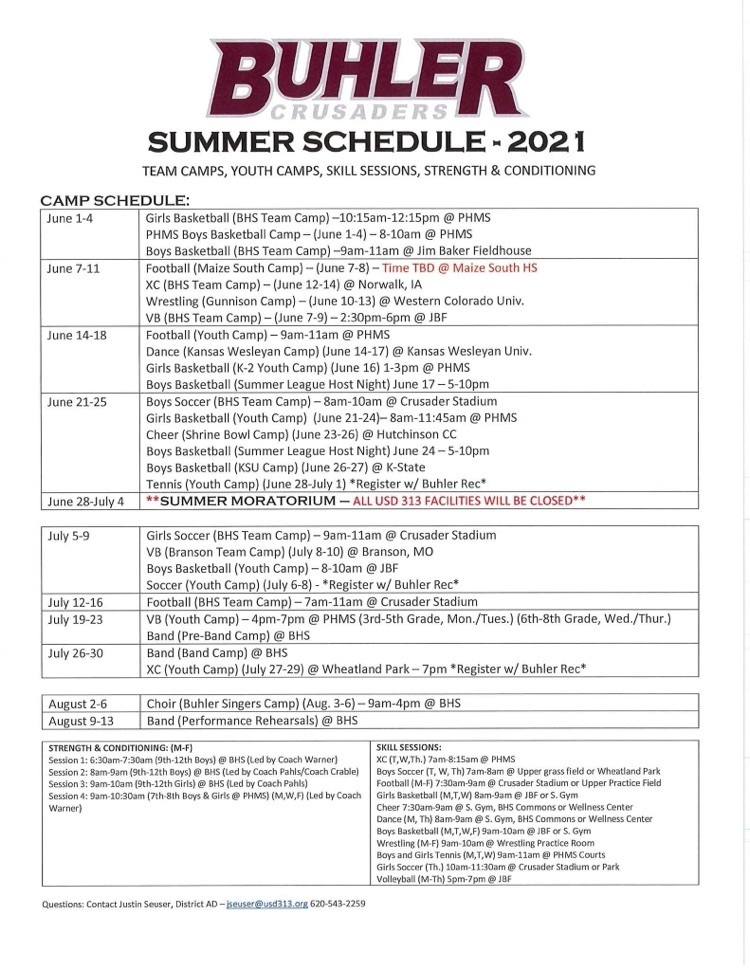 table of summer camp offerings