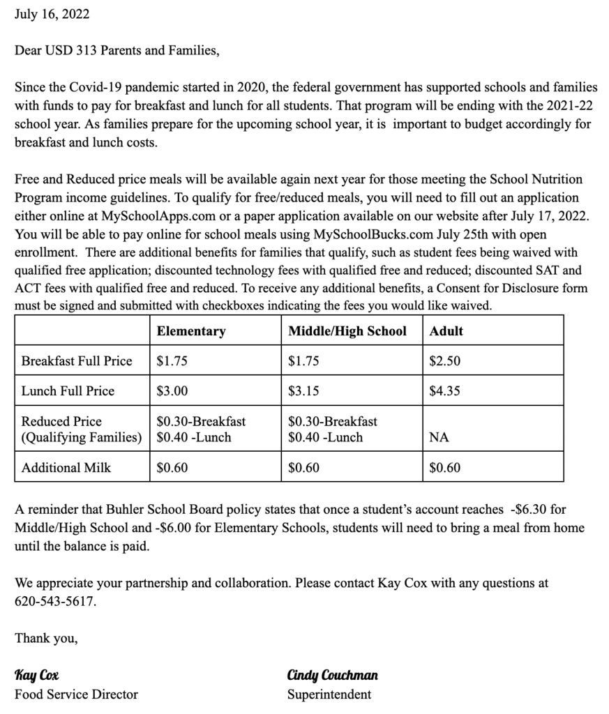 lunch letter to families